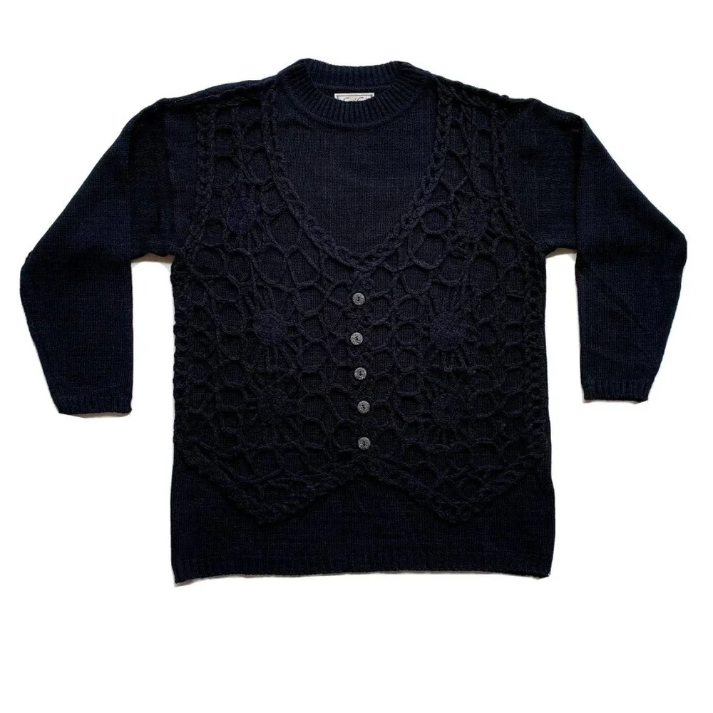 Vintage Ce'Ci Sweater Womens‎ M/L Black Crochet Chunky Knit Linen Blend Boho NEW